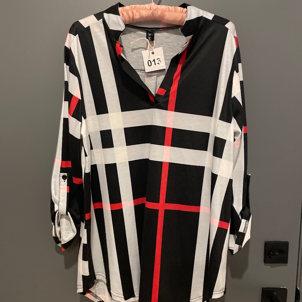 Geometric Black, White, & Red Blouse
